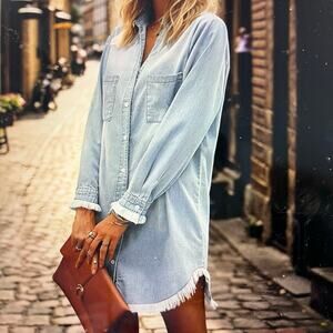 Zilcremo Denim Button Down Shirt Dress Frayed Hem & Sleeve Cuffs Size L